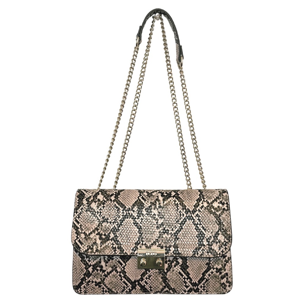 BCBG SNAKESKIN DESIGN SHOULDER BAG WITH GOLD CHAIN STRAPS AND ACCENTS